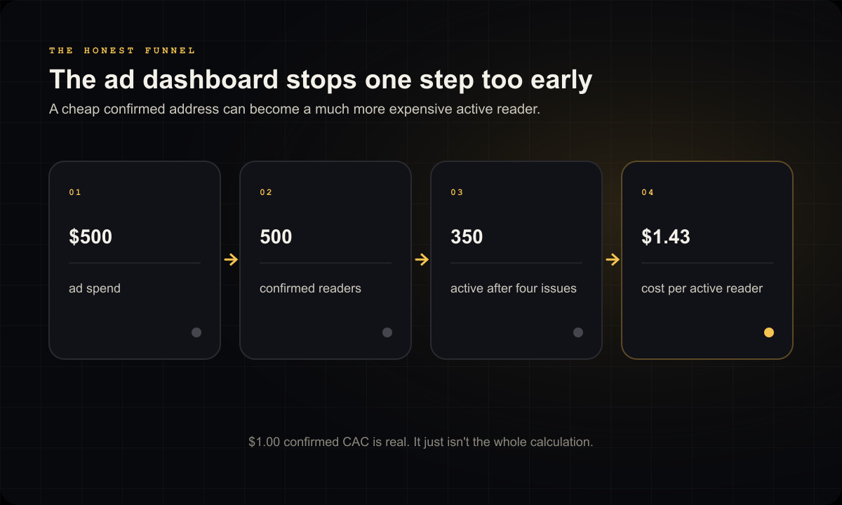 LocalTrophy diagram titled The ad dashboard stops one step too early, showing 01: $500, ad spend; 02: 500, confirmed readers; 03: 350, active after four issues; 04: $1.43, cost per active reader.
