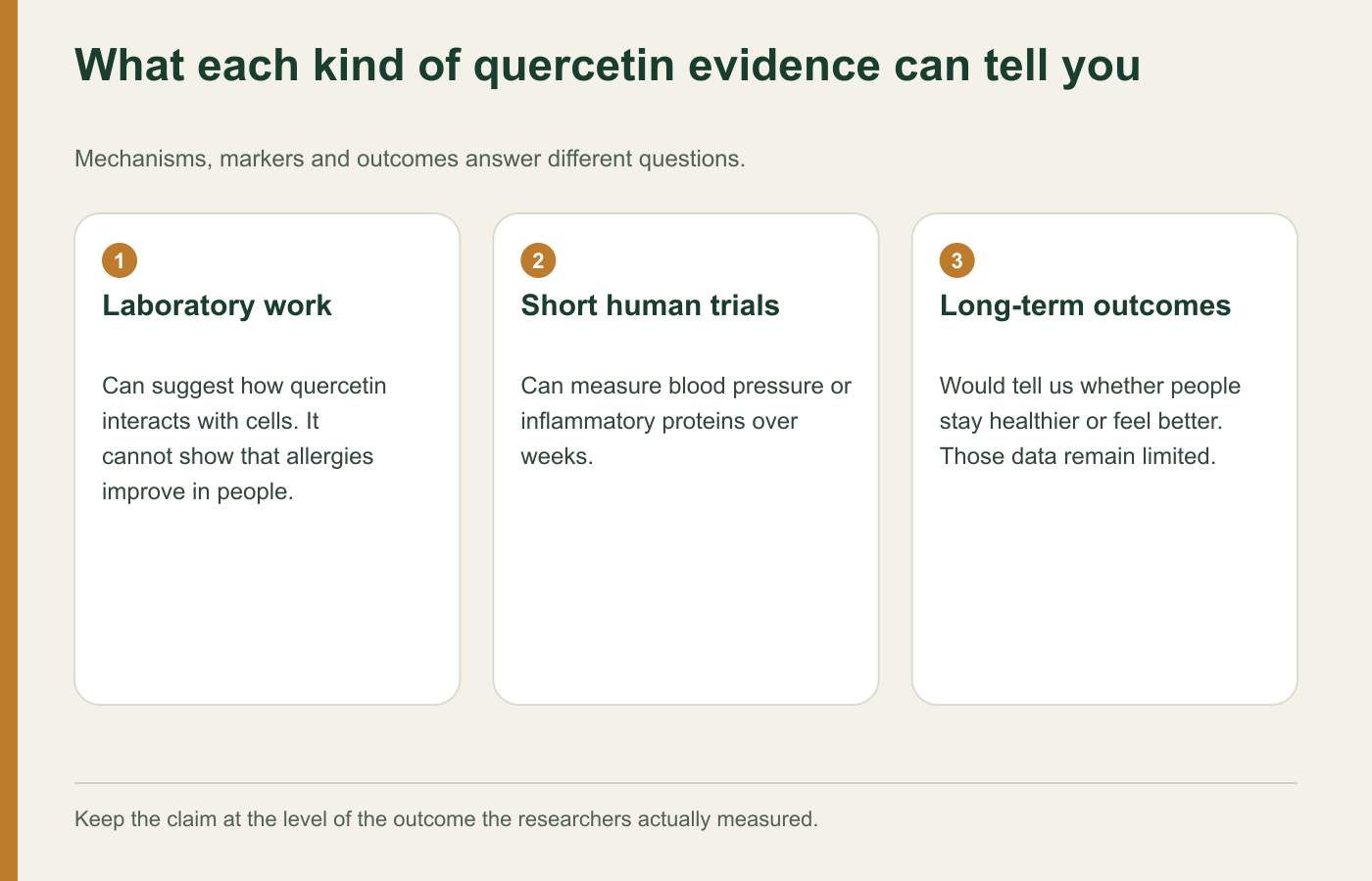 Quercetin evidence ladder separating laboratory work, short human trials and long-term outcomes