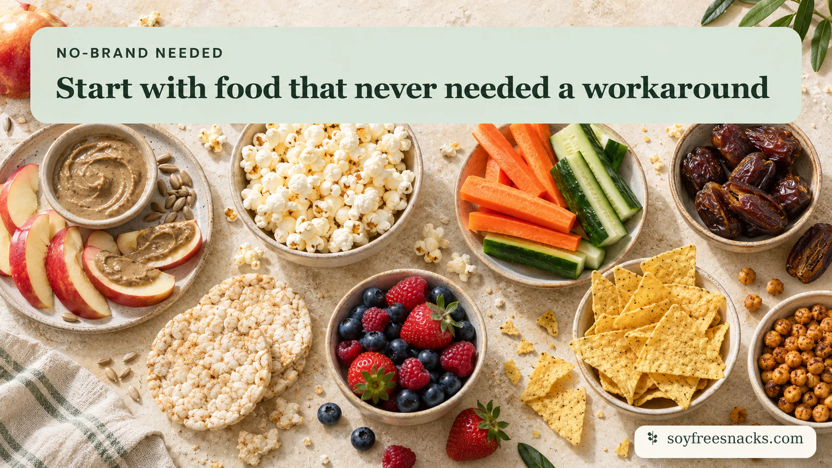 Apples, seed butter, popcorn, vegetables, dates, berries, rice cakes, tortilla chips, and chickpeas