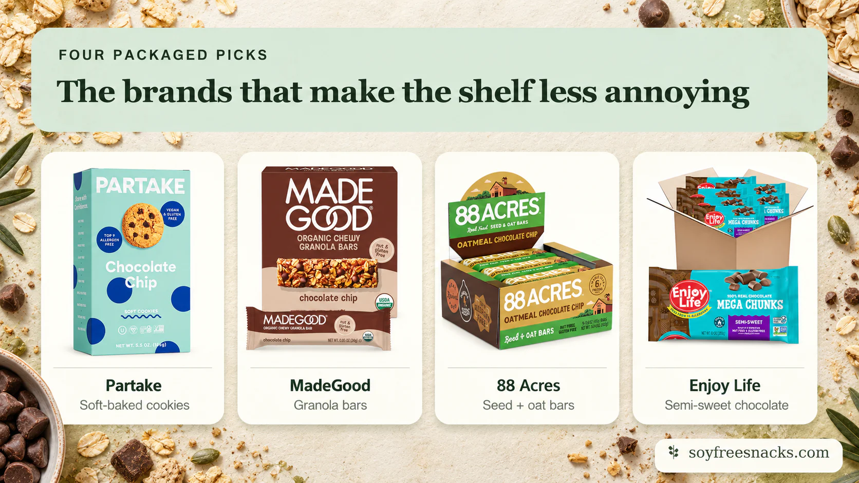 Partake, MadeGood, 88 Acres, and Enjoy Life gluten-free, dairy-free, soy-free packaged snacks