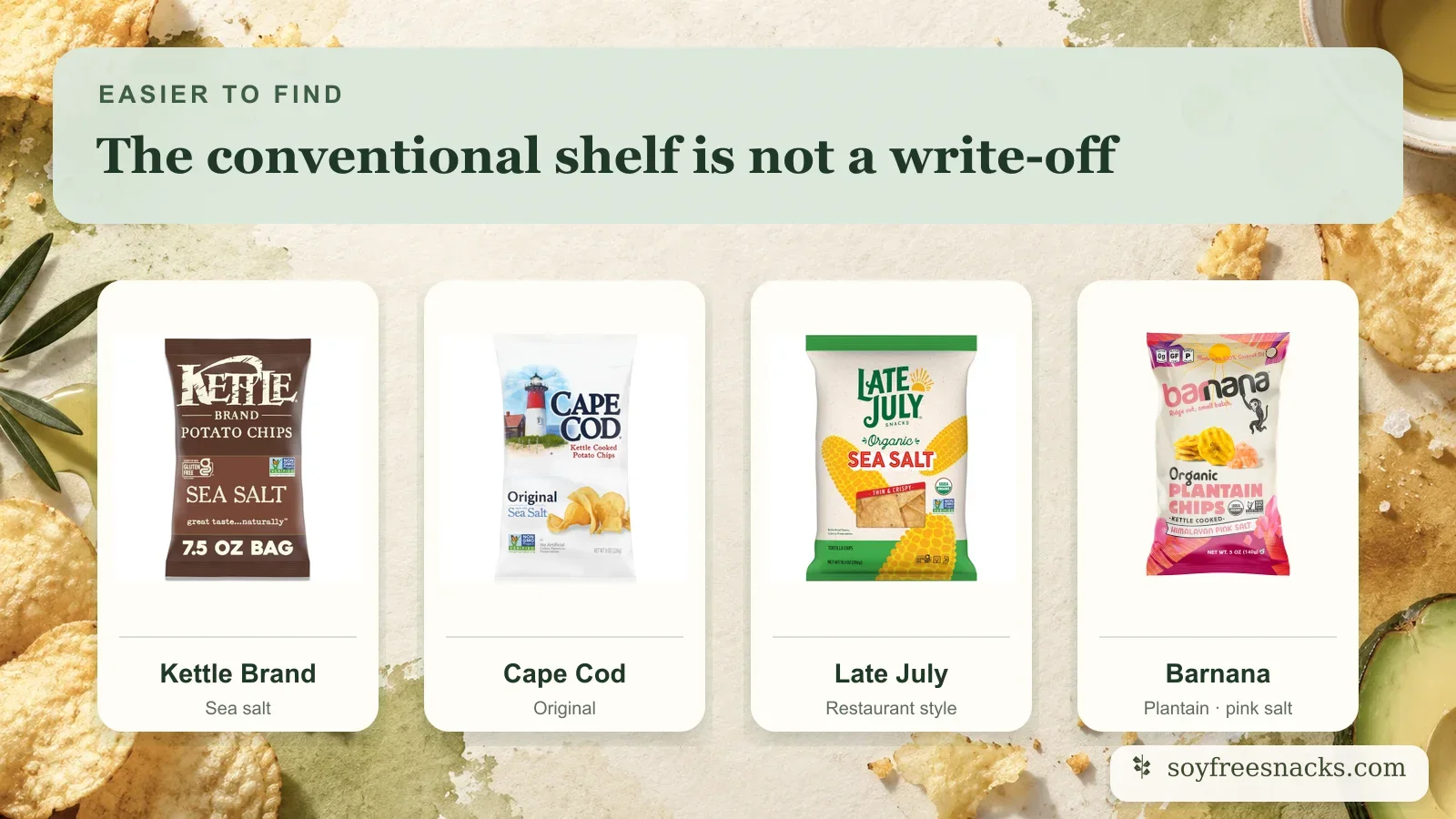 Kettle Brand, Cape Cod, Late July, and Barnana soy-free chip options