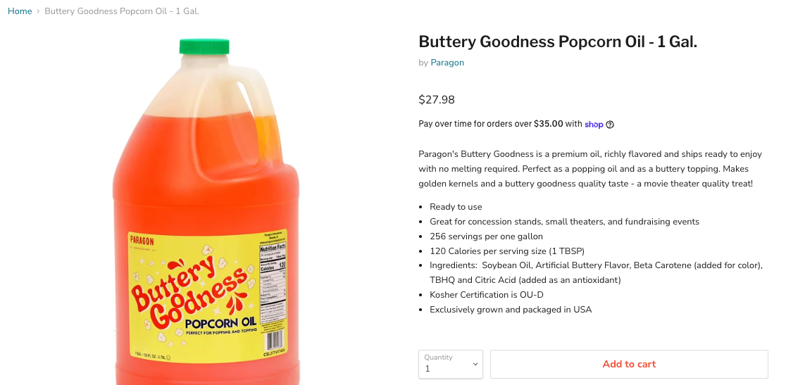 Paragon Buttery Goodness Popcorn Oil product page listing soybean oil as the first ingredient